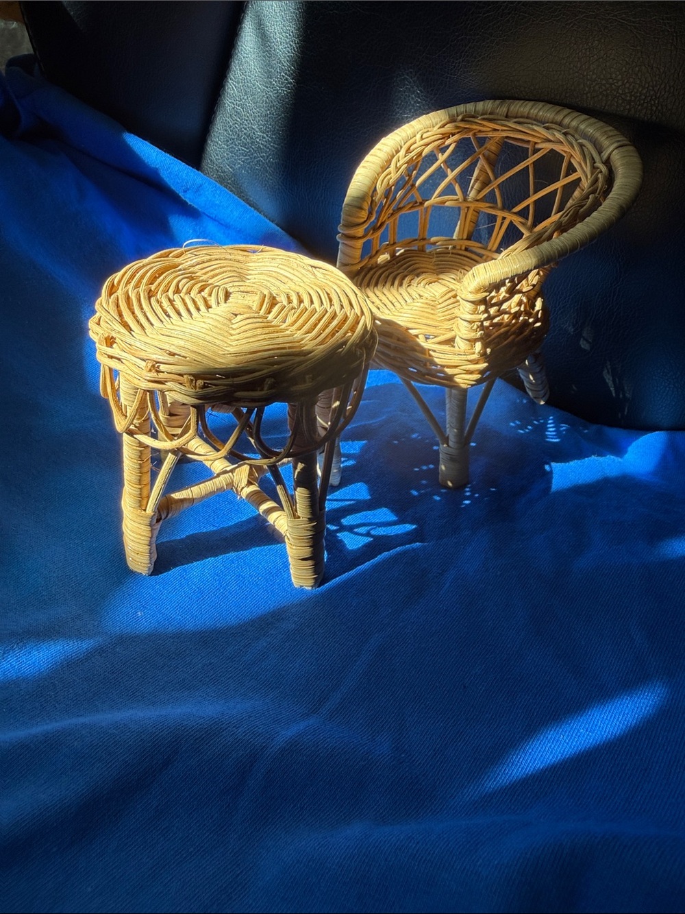 Natural Rattan Mini Chair & Stool Set - Neutral Wicker Accent - Picture 2 of 6